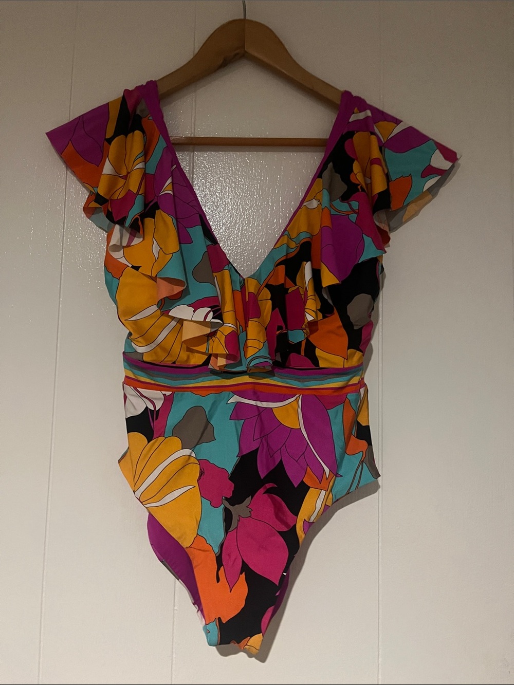 Trina Turk Colorful Floral One-Piece Swimsuit - Turquoise, Magenta, Orange- sz 8
